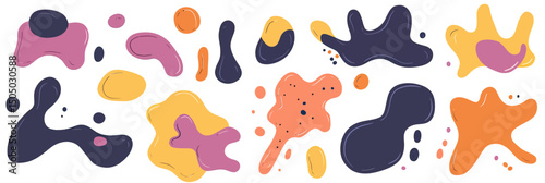 Abstract colorful liquid splash shapes collection in flat minimalist style with organic amoeba blobs and fluid irregular forms on white background vector illustration