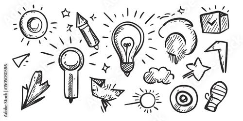 Hand drawn doodle set of creative business icons including light bulbs rocket magnifying glass cloud target star arrow paper plane and sun for innovation and progress concepts