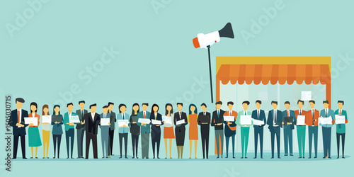 Diverse group of business people standing in line in front of market stall with megaphone for marketing and promotion concept in flat vector style