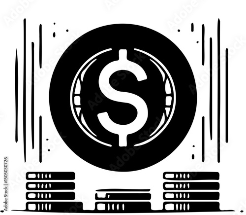 Set of black and white money-themed vector illustrations including coins, stacks of cash, and a bold dollar sign symbol.