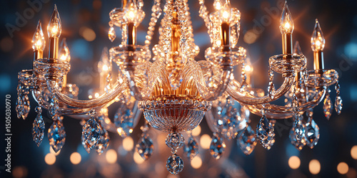 A stunning crystal chandelier illuminates with warm light,