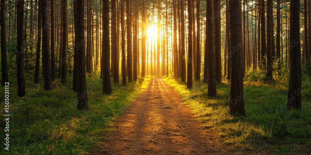 Fototapeta premium A sunlit forest trail surrounded by tall, perfectly aligned pine trees with golden light filtering through