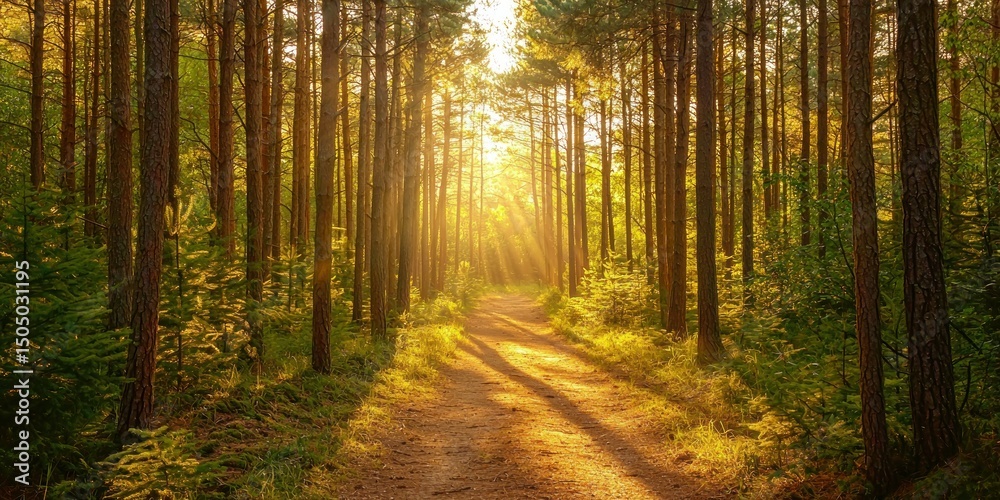 Naklejka premium A sunlit forest trail surrounded by tall, perfectly aligned pine trees with golden light filtering through