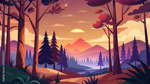 Sunset Landscape. Serene Mountain and Forest View