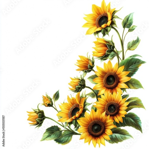 vibrant sunflower corner bouquet: watercolor botanical illustration