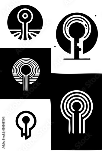 Set of creative black and white keyhole vector icons, some with internal maze-like patterns representing security.