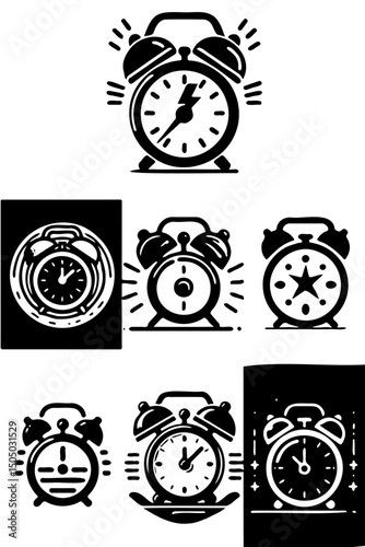 Collection of black and white vector illustrations of alarm clocks, some with radiating lines to show sound or ringing.