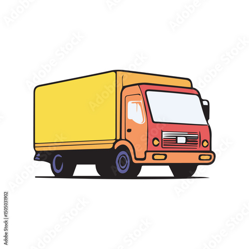 Commercial delivery truck in vibrant yellow and orange colors, stationary and angled view. Urban delivery vehicle ready for transport of goods.