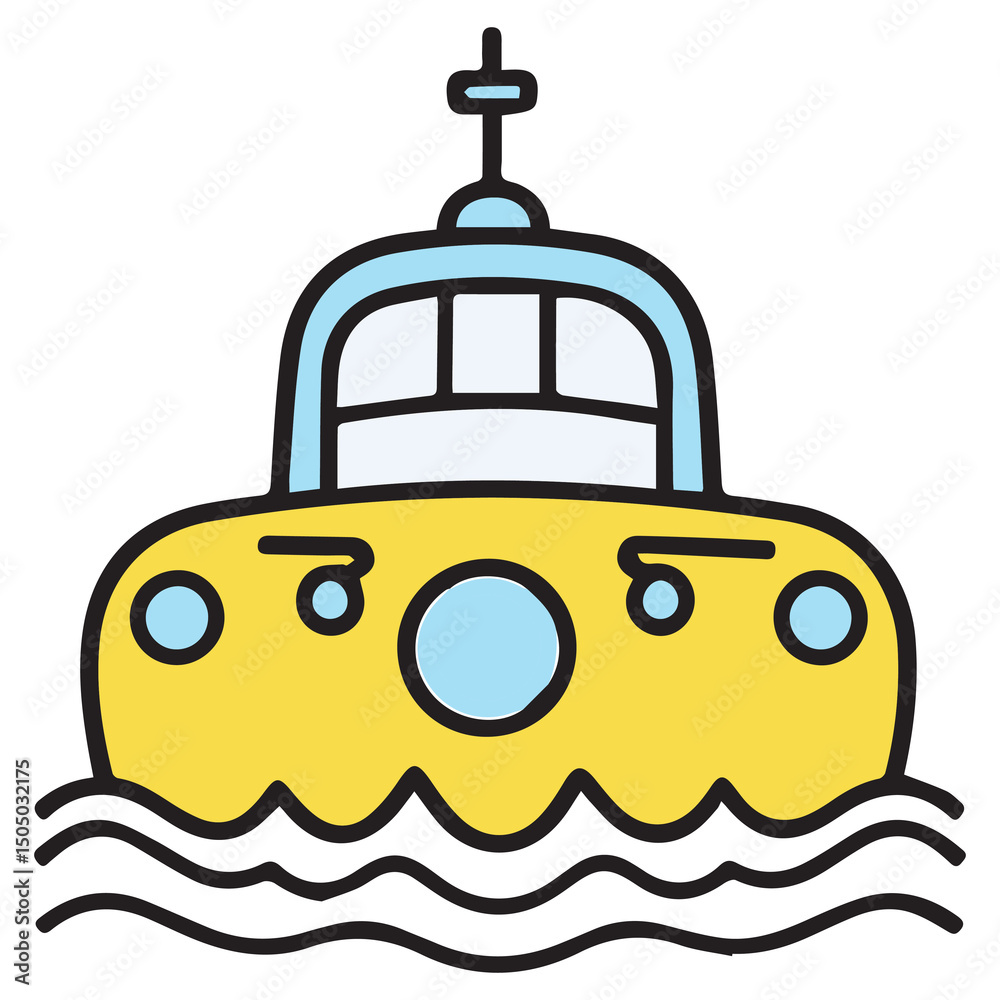 Yellow tugboat in simple line art design floating on water. Cartoonish depiction of a tugboat, front view, with light blue windows and a simple, stylized design. Yellow tugboat in simple line art design floating on water. Cartoonish depiction of a tugboat, front view, with light blue windows and a simple, stylized design.