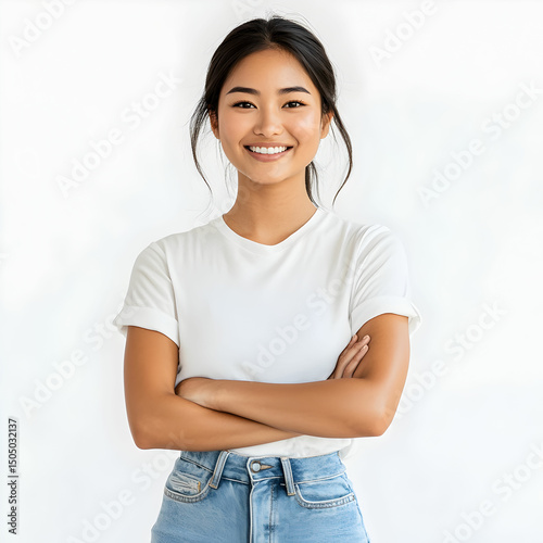 Full length of confident asian woman smiling in a casual outfit in a white t-shirt and jeans, standing with her arm and leg crossed, with a smile on her face on white background
