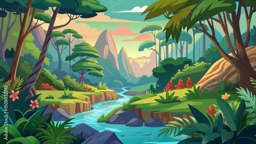 Serene River Landscape. Lush Forest. Mountains. and Tranquil Nature Scene