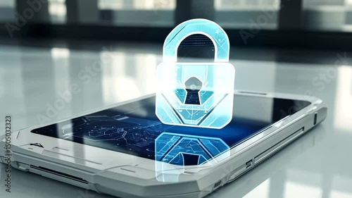 A white, armored smartphone displaying a 3D padlock hologram against a blurred backdrop, conveying security and technological protection