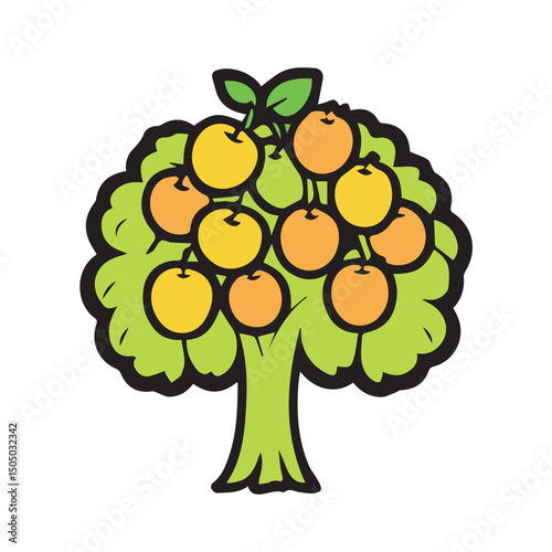 Fruit tree illustration with bright colored fruits in a stylized design. Colorful fruit tree with multiple vibrant citrus fruits on branches displayed on a plain background.