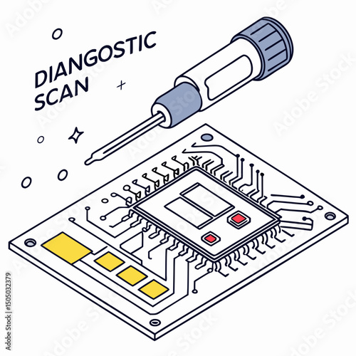 Vector illustration of diagnostic scan of circuit board, isolated on white background