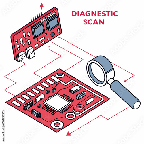 Vector illustration of diagnostic scan of circuit board, isolated on white background