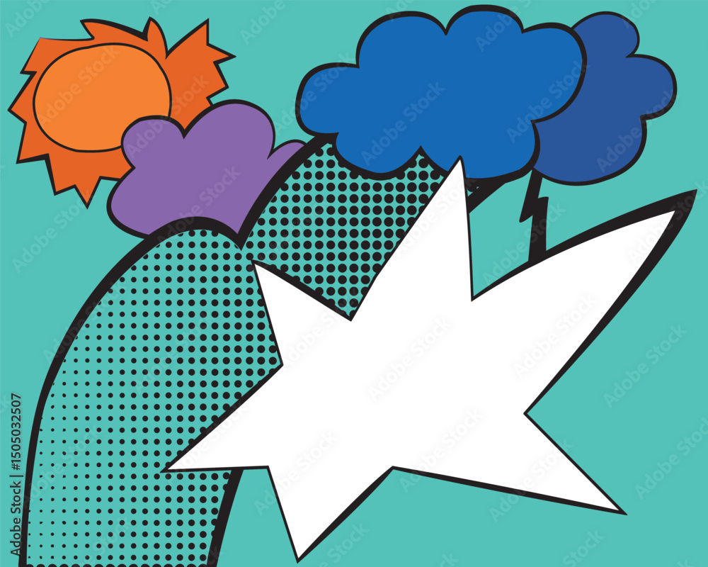 pop art landscape with clouds thunder and sun