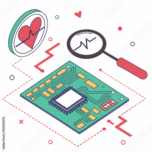 Vector illustration of diagnostic scan of circuit board, isolated on white background