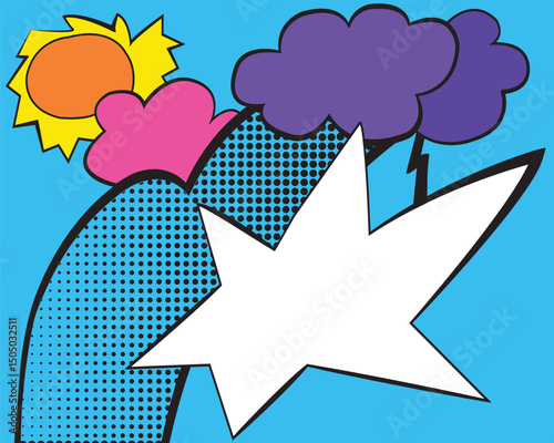 pop art lanscape with thunder clouds and sun