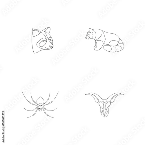 Line art illustrations of various animals including raccoon bear spider and goat in minimalist style