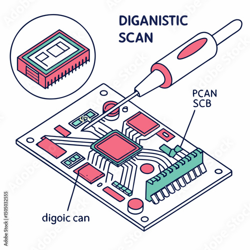 Vector illustration of diagnostic scan of circuit board, isolated on white background