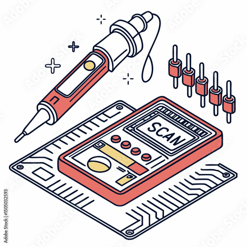 Vector illustration of diagnostic scan of circuit board, isolated on white background