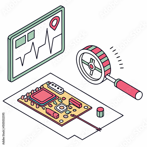 Vector illustration of diagnostic scan of circuit board, isolated on white background