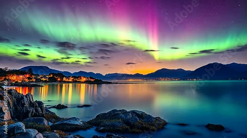 Stunning view of houses lit up along a tranquil bay with mountains and the aurora borealis filling the colorful sky