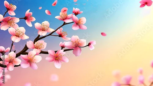 A branch laden with pink cherry blossoms against a colorful gradient sky, petals falling