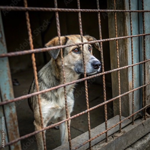 stray dog confined in a rusty cage at an animal shelter, looking sad and hungry, abandoned behind the old grid, waiting for shelter care and rescue aid	
