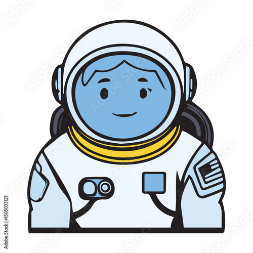 Cartoon female astronaut in space suit, smiling and wearing a helmet. Friendly space explorer in a stylized illustration against a plain background.
