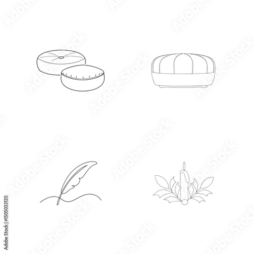 Collection of minimalist contour illustrations featuring soft cushions, feather, and candle designs