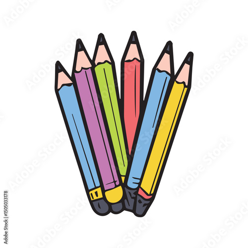 Colorful pencils clustered together in a vibrant display. Collection of assorted colored pencils positioned close together against a plain white background.