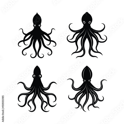 Set of a giant squid silhouette vector art illustration