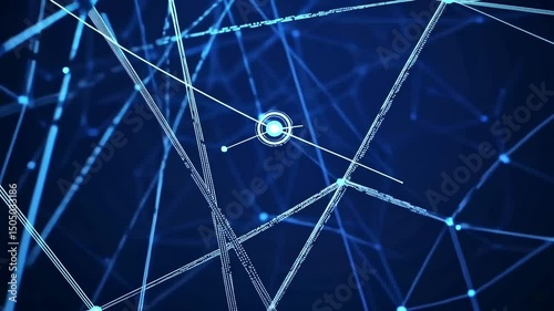 Abstract network in blue. Lines composed of white dots link glowing points, forming a complex, interconnected system in dark space