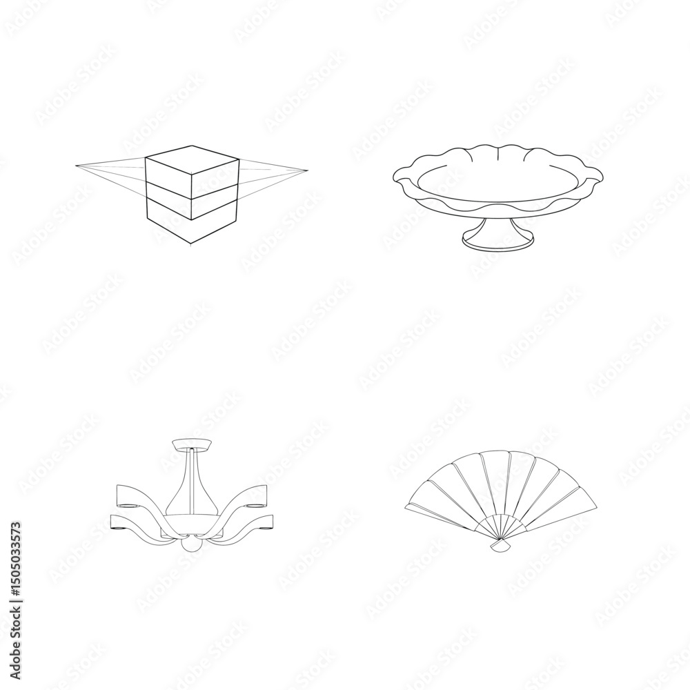 Obraz premium Detailed linear drawings of various objects including a cake stand and a hand fan