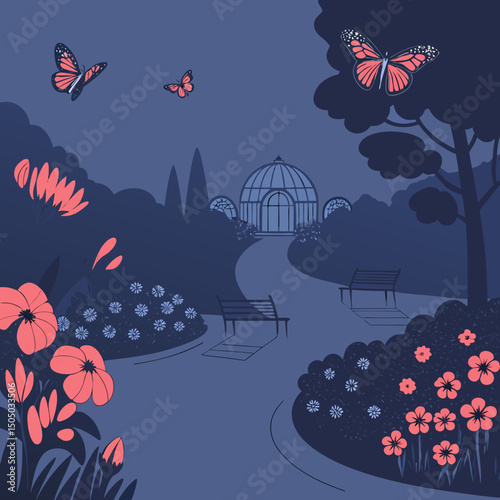 Vibrant vector illustration of a botanical garden teeming with colorful plants and fluttering butterflies—perfect for nature-themed digital projects.