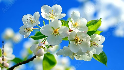 A vibrant bloom of pearly-white flowers, clustered on a slender branch, contrasted against a sunny sky with wispy clouds