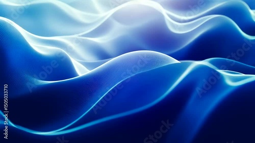 A serene, abstracted landscape of undulating blue lines creates a wave-like texture, with subtle gradations suggesting depth and light