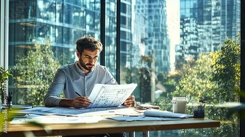 Professional examines architectural drawings by window, office backdrop, focused, immersed in work, bright, modern ambiance