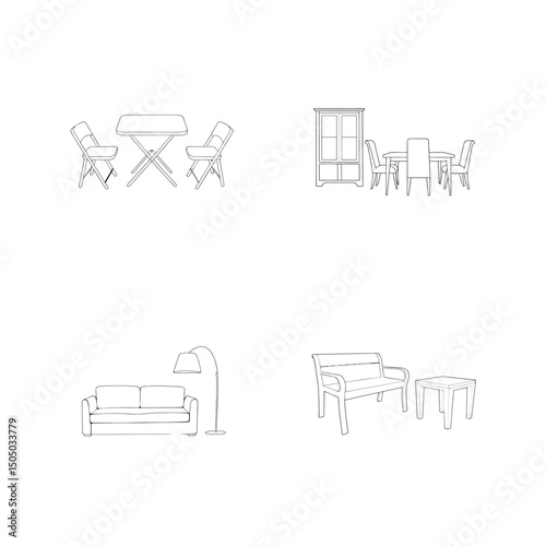 Outlined furniture illustrations showcasing various interior design elements and furnishing options in simple line art