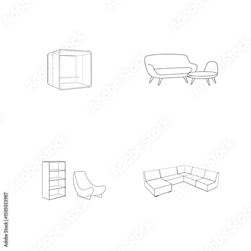 Collection of minimalist furniture silhouettes including sofa chairs shelves and sectional for interior design