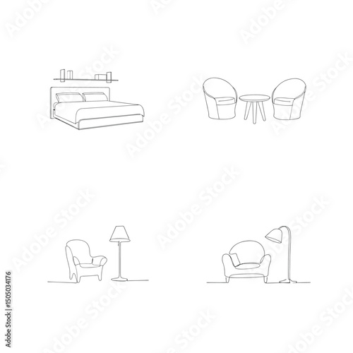 Minimalist line drawing of furniture set illustrating bed chair table and floor lamp