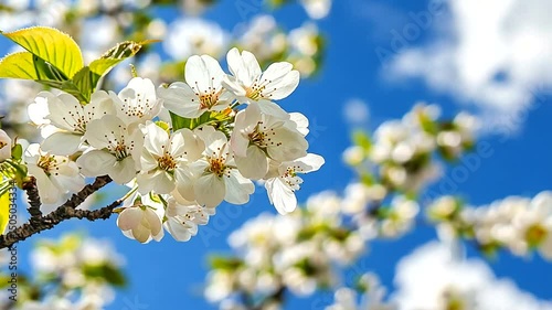 Close-up on white blossoms with yellow accents, against a blue sky dotted with soft clouds