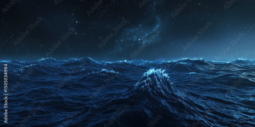 Fototapeta premium A surreal scene of a dark ocean with luminous bioluminescent waves breaking under a starry sky