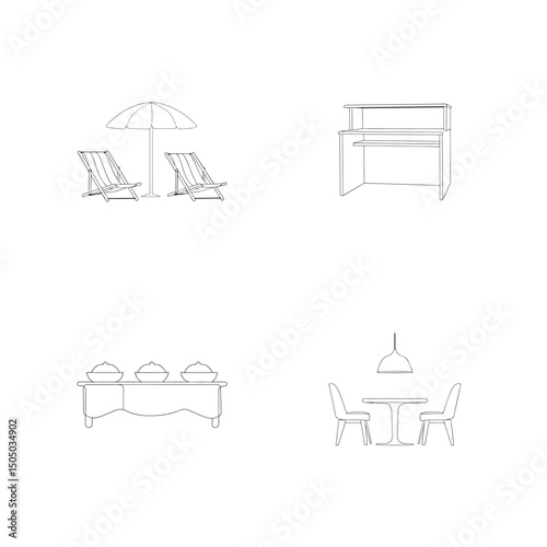 Collection of detailed line art furniture and outdoor elements for design and decoration