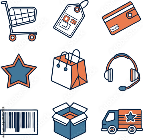 ecommerce shopping icons set cart delivery payment support vector illustration