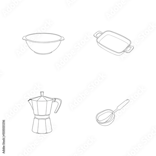 Kitchen utensils and appliances outlined in black and white for culinary preparation designs