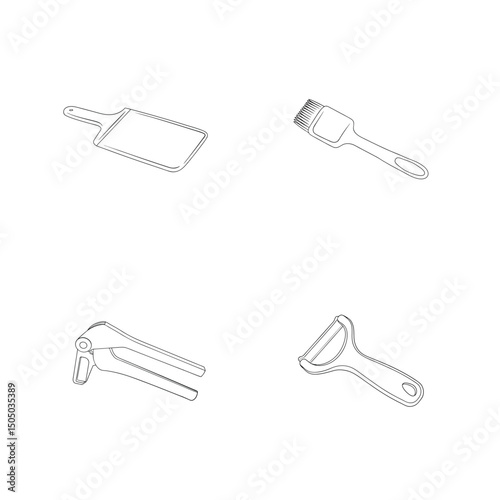 Collection of hand drawn kitchen utensils including a spatula brush garlic press and peeler