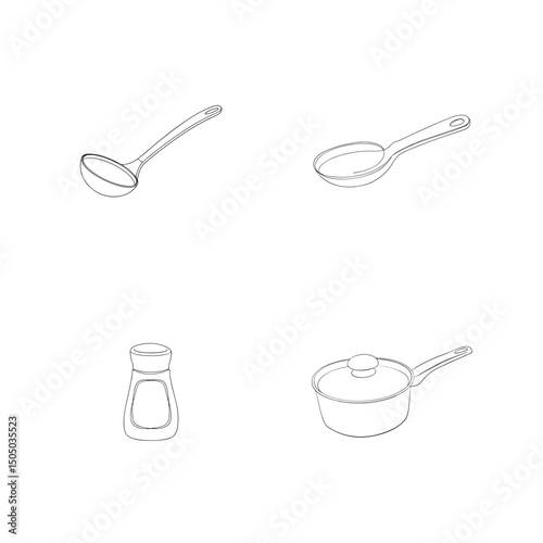 Minimalist outline illustrations of kitchen utensils including ladle spoon salt shaker and saucepan