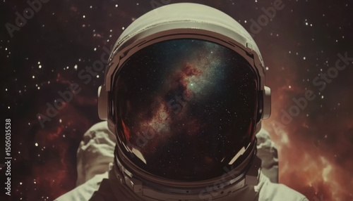 Close-up of an astronauta??s helmet reflecting a breathtaking view of a distant galaxy.